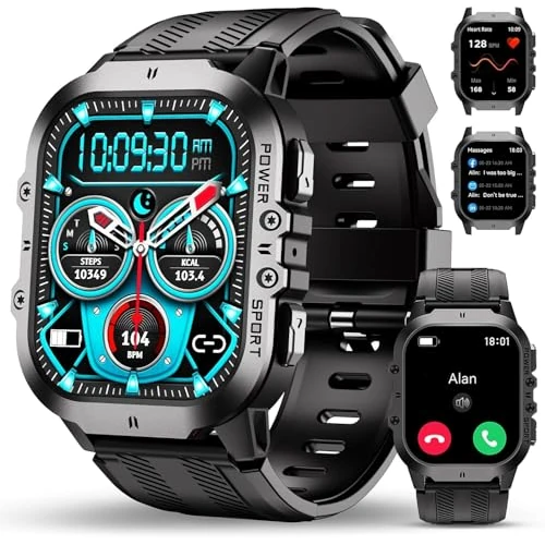 OUKITEL Smartwatch voor heren, militair met telefoonfunctie, robuust fitnesshorloge met bloeddrukmeting, 5 ATM waterdicht, sporthorloge, 120 + sportmodi met SPO2/hartslag/stappenteller, touchscreen