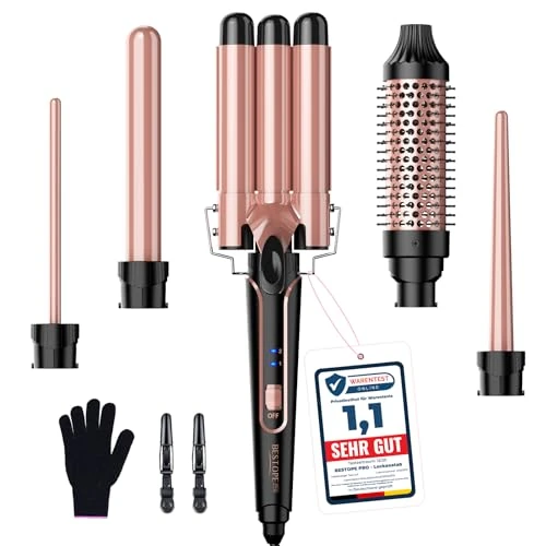 Zeitlich begrenztes Angebot: BESTOPE PRO Lockenstab, 5 in 1 Lockenstäbe Set mit Glätteisen, Thermobürste, 3 Keramische Lockeneisen (9mm- 25mm) für Große Locken, 13 Temperaturen, Hair Curler mit Hitzebest.Matte, Handschuh, Klammer von 39.99 € auf 39.99 € (
