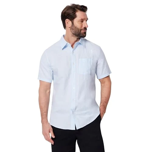 Offre limitée : Amazon Essentials Chemise en Lin à Manches Courtes, Coupe Standard Homme, Bleu Clair, M de 18.57 € à 12.64 € (32% de remise)