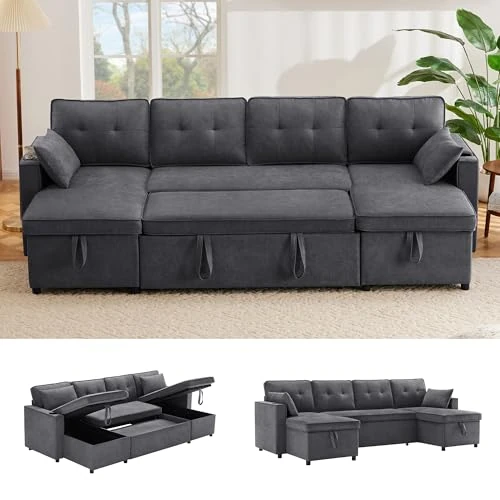 Bladez L-förmiges Schlafsofa mit Stauraum Getränkehalter austauschbare Chaise Longue Modernes Wohnzimmer Sofa Baumwoll-Leinen (Grau, 4 Sitzer)