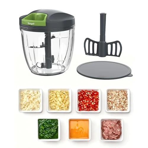 Ibergrif Tritatutto Manuale a Corda 900 ml con Lame in Acciaio Inox e Paletta, Base Antiscivolo, BPA Free, Portatile Trita Cipolla Manuale per Aglio Frutta Secca Pappe Bimbo