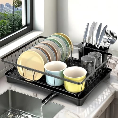 Limited-time offer: VINATO Dish Drying Rack with Drip Tray, 43 x 33 x 15 cm Dish Drying Rack, Space-Saving Dish Drainer Made of Carbon Steel and Plastic, Dish Rack for Sink, Black from 30.14 £ to 30.14 £ (save 0.00%)