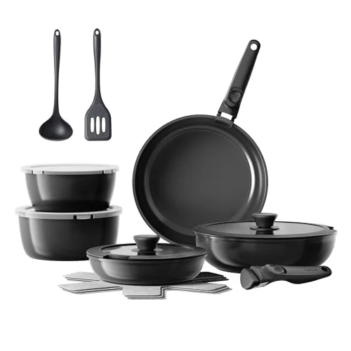 Redchef Pan Set, 16 Pieces with Removable Handles, Non-Stick Ceramic Cookware Set, Pan 20 + 26 cm, Deep Frying Pan 26 cm, Pot 18 + 20 cm, Stackable Pot Set for All Hobs, Oven Safe