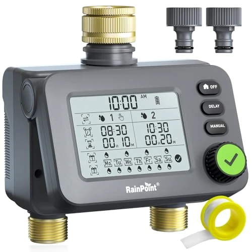 Offerta a tempo: RAINPOINT Centralina Irrigazione 2 uscite con ingresso e uscita in ottone, Timer Irrigazione con ritardo della pioggia/modalità automatica e manuale, IP54/grande LCD, Computer di irrigazione giardino - 41% da 79.99 € a 47.49 €