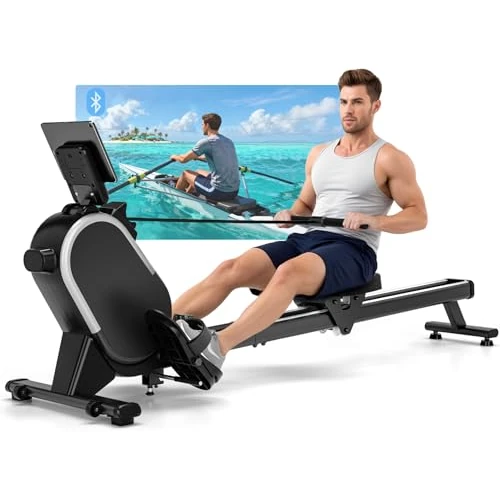 CHAOKE Professionelles Rudergerät für Zuhause, magnetisches Rudergerät mit 16 Widerstandsstufen und doppelter Gleitschiene, mit kompatibler App, Bluetooth-Monitor & Stent, Tragfähigkeit 160 kg
