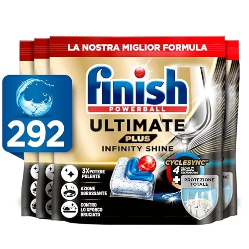 Finish Ultimate Plus Infinity Shine Spülmaschinentabs – Geschirrspültabs für intensive Reinigung, Fettlösekraft und Glanz mit Schutzschild – 73 Caps (Packung mit 4)