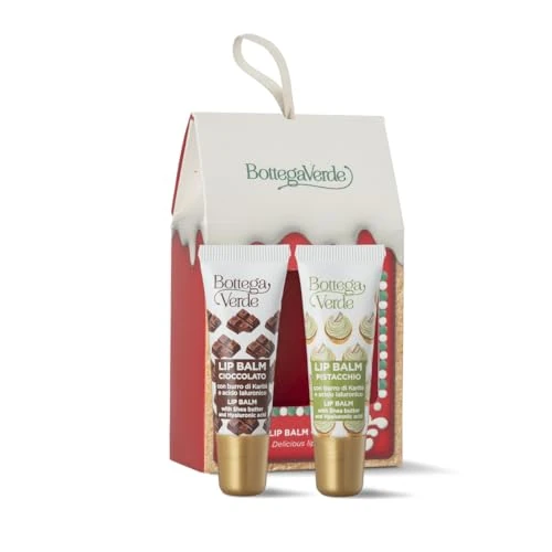 Bottega Verde - Geschenkbox Lip Balm Golosi mit Schokoladenbalsam 7 ml und Pistazie 7 ml, mit Sheabutter und Hyaluronsäure, geschmeidig und feuchtigkeitsspendend, eine köstliche Geschenkidee