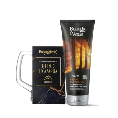 Bottega Verde - Cofanetto Regalo Uomo Nero d’Ambra, Shampodoccia 200 ml Pelle e Capelli e Boccale Birra in Vetro, con Estratti di Legni Pregiati, Fragranza Agrumata e Ambrata, Idea Regalo