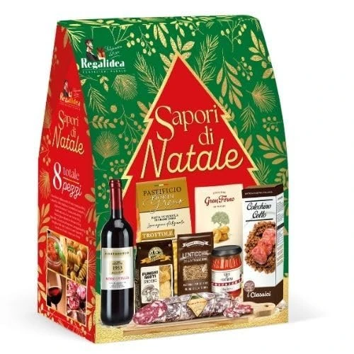 Cesto Natalizio 8 Pezzi “Sapori di Natale”, Confezione Regalo Gourmet con Prodotti Tipici Italiani, Salumi, Pasta, Vino Rosso, Cotechino e Dolci Tradizionali, Idea Regalo Elegante per le Feste