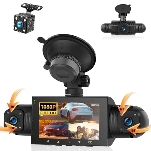 SIXTOP 360° 4-kanaals dashcam auto, 1080p camera's voor binnen en achter met 3 inch IPS-scherm, TF-kaart ondersteund, nachtzicht (8 IR-leds), 24-uurs parkeerbewaking, G-sensor, loop-opname