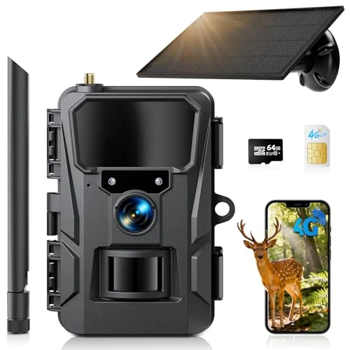 Offerta a tempo: WOLFANG Fototrappola, 4G LTE Fototrappola Solare 2K con Scheda SIM Preinstallato e 64GB SD, Fotocamera con Allarme, Visione Notturna, Batteria da 5200 mAh, Tempo di Scatto 0,2s, IP66, nero - 31% da 79.99 € a 54.99 €