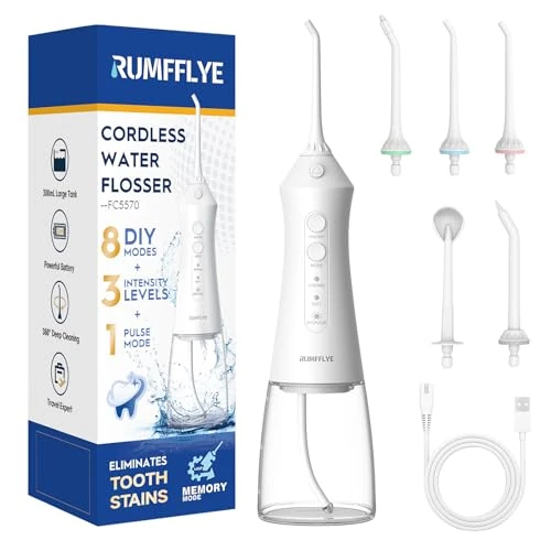 RUMFFLYE Irrigador Dental Portátil Irrigador Bucal Inalámbrico Profesional Water Flosser 12 Modos 5 Boquillas Irrigador eléctrico oral IPX7 Impermeable 300ML Recargable Para Casa y de Viaje(Blanco)