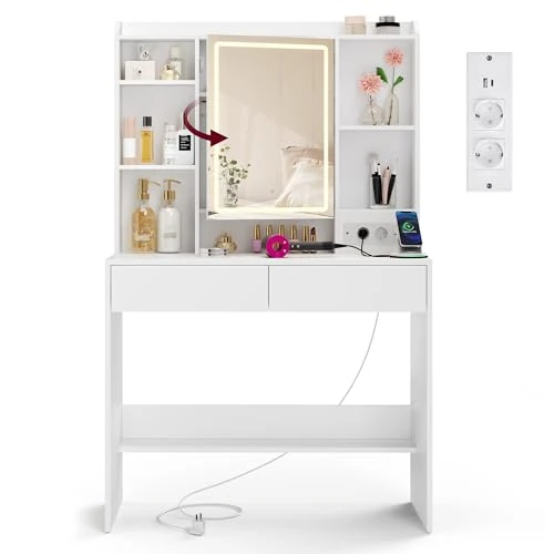 VASAGLE Kailyn Colección - Tocador con Luces LED de 3 Colores con Brillo Ajustable, Regleta, Mesa de Maquillaje con Espejo, Estantes Ajustables, 2 Cajones, Estilo Moderno, Blanco RDT143WB01