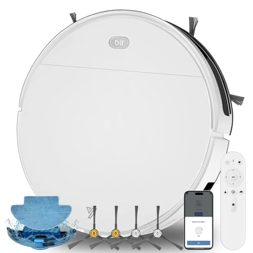 Yigars Robotstofzuiger, 2-in-1, 3000 Pa robotstofzuiger, 7,8 cm, ultradun, app/Alexa, ideaal voor dierenharen, tapijt, wit-wit