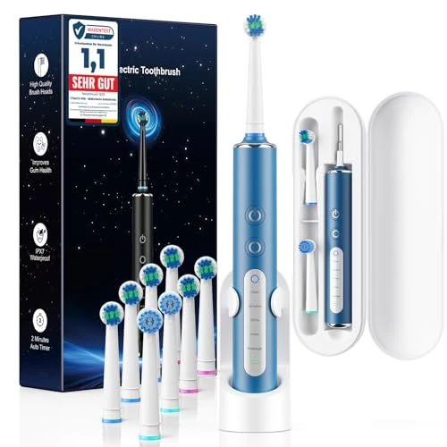 Offerta a tempo: Spazzolino Elettrico Rotante per Adulti e Bambini con 3 Intensità e 5 Modalità, Electric Toothbrush con 8 Testine, Custodia da Viaggio, Impermeabile IPX7, Autonomia fino a 120 Giorni(Blu Scuro) - 46% da 48.37 € a 25.99 €