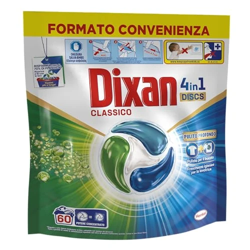 Dixan DISCS 4in1 Classico Detersivo Lavatrice, 60 Lavaggi, Capsule Lavatrice per una Pulizia Profonda del Bucato e Freschezza Igienica per Lavatrice, Rimuove le Macchie da 20°C