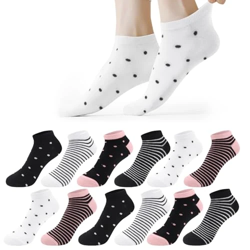 Libella Sneaker Socks Women's Sports Socks 35-38 39-42, 12 Pairs Cotton Socks Heart-Shaped Wave Dots Striped Multicoloured Short Socks Girls Breathable Running Socks, Multicoloured (multicoloured C