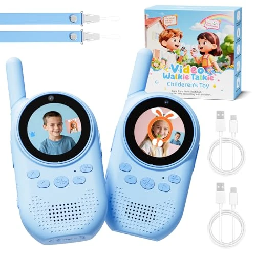 HEWEIMEI Video walkie talkie bambini, Walkie talkie bambini ricaricabili con telecamera HD & Modificatore vocale, Lungo Raggio, Regalo di Natale per Bambin i dai 3-12 Anni (blu/blu)