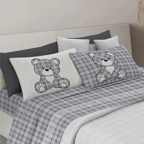 PENSIERI DELICATI Completo Letto Matrimoniale, 100% Cotone Caldo e Morbido, 2 Piazze 180x200cm, Include Lenzuolo sotto, sopra e 2 Federe, Made in Italy, Tartan Orsetto Grigio