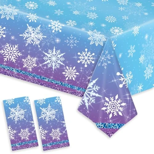 Betrynidil 2 Pieces Snowflake Tablecloth, 137 x 274 cm Blue and Purple Snowflake Table Cover, Rectangular Tablecloth, for Winter, Holiday, Family Dinner