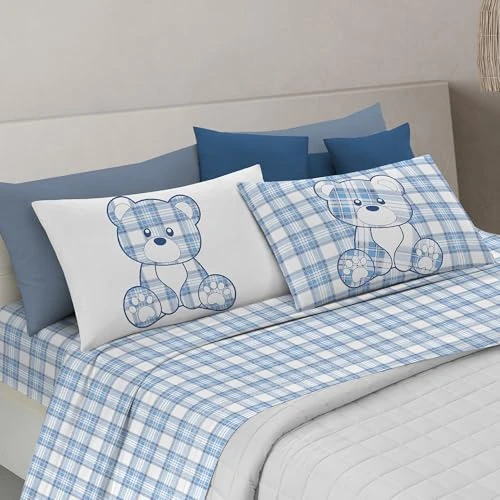 Offerta a tempo: PENSIERI DELICATI Completo Letto Matrimoniale, 100% Cotone Caldo e Morbido, 2 Piazze 180x200cm, Include Lenzuolo sotto, sopra e 2 Federe, Made in Italy, Primavera Orsetto Azzurro - 0.00% da 49.99 € a 49.99 €