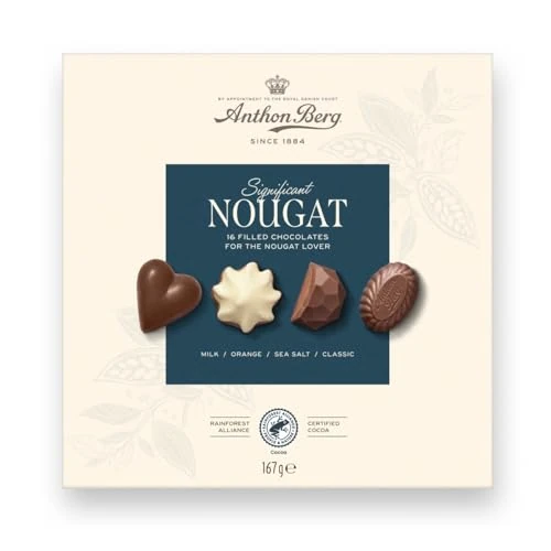 Anthon Berg – Cioccolatini al Nougat Assortiti Significant Nougat, Scatola Regalo da 167g, 16 Cioccolatini Ripieni Gourmet con Cacao Certificato Rainforest Alliance