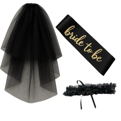 Offre limitée : Bride to Be Kit d'accessoires Jga pour femme - Voile noir double couche - Écharpe et jarretière en dentelle - Kit de décoration pour enterrement de vie de jeune fille de 19.18 € à 19.18 € (0.00% de remise)