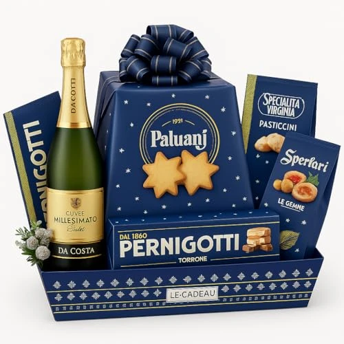 Cesto Natalizio Vassoio Blu Cobalto 7 Pezzi con Spumante Dolce, Dolci Tipici, Torrone, Biscotti e Pasticceria, Confezione Regalo Elegante per Natale, Idea Regalo Gourmet per Famiglia o Aziende