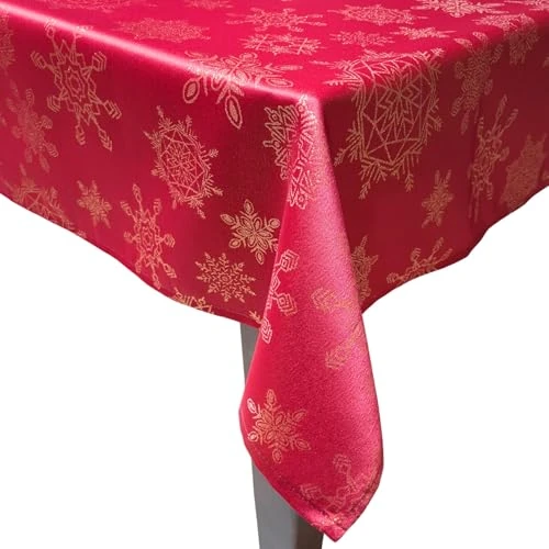 Oferta ograniczona: Generico Czerwony, złoty obrus bożonarodzeniowy. Żakardowy efekt 100% poliester, elegancki prostokątny obrus bożonarodzeniowy bez prasowania na świąteczny stół dekoracja płatki śniegu (czerwona Jodie z 32.50 EUR na 22.75 EUR (znizka 30%)