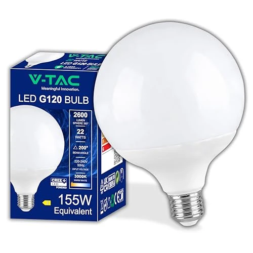 Offerta a tempo: V-TAC Lampadina LED Globo 22W (Equivalenti a 155W) G120 - Attacco E27-2600 Lumen - Lampadina LED Massima Efficienza e Risparmio Energetico - Luce 3000K Bianca Calda - 0.00% da 10.99 € a 10.99 €