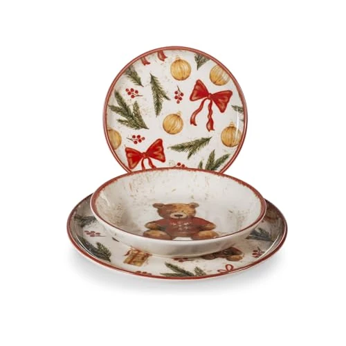 H&H Servizio Tavola Natalizio 18 Pezzi Teddy Hugs In Stoneware