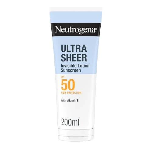 Offerta a tempo: Neutrogena Ultra Sheer Lozione Idratante Invisibile Protezione Solare SPF 50 200 ml, Crema solare 50 viso e corpo con Vitamina E, Waterproof, Per tutti i tipi di pelle, Ultra-leggera, Senza profumo - 32% da 24.99 € a 17.08 €