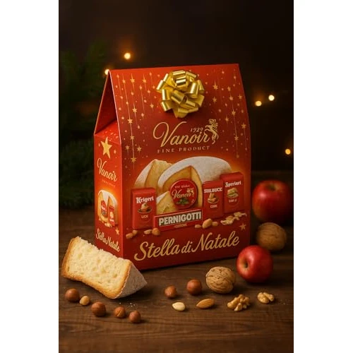 Cesto Natalizio Stella di Natale 5 Pezzi con Dolci Tipici, Cioccolatini, Torrone e Biscotti, Confezione Regalo Elegante per Natale, Idea Gourmet Raffinata per Famiglie, Amici o Aziende