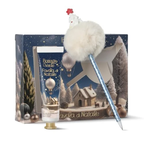 Bottega Verde Pudełko upominkowe z bajki bożonarodzeniowej, z kremem do rąk 30 ml i długopisem, puszystym długopisem, białym piżmem i białymi kwiatami, pomysł na prezent