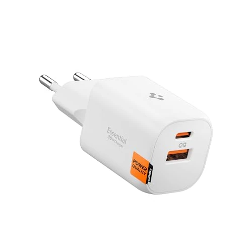 Spigen Wall Charger 35W 2 Ports USB-C, PD3.0, PPS, QC3.0, GAN, Compact, Fast Charging for iPhone 17 16 15 14 Pro MAX Air, Galaxy S25 S24 S23 Ultra, Pixel 10 9 Pro Fold XL, iPad - White