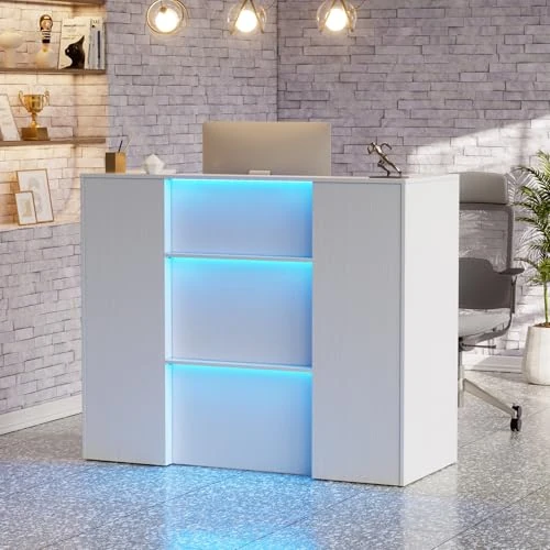 Offerta a tempo: MSFE Banco Receptio con LED, 120cmX100cmX50cm Bancone Reception con Cassetti e Armadi Chiudibili, Bancone Cassa, Armadio Bancon Vendita, Mobili per reception, per Hotel, Ufficio,Centro Estetico - 0.00% da 219.99 € a 219.99 €