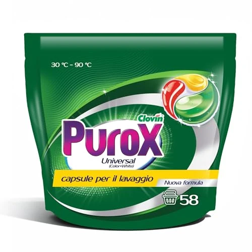 Offerta a tempo: Purox Trico Caps Capsule di detersivo Universale, potente rimozione delle macchie, pulizia profonda con freschezza a lunga durata, 58 lavaggi, 58 pezzi x 13 grammi, confezione Doypack - 24% da 16.99 € a 12.99 €