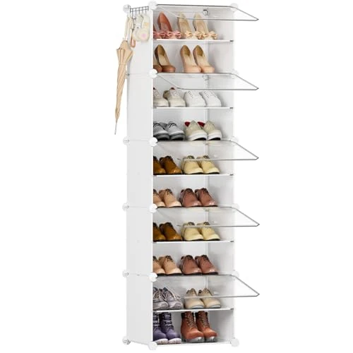 Orgahome Shoe Rack, 2 x 8 Tiers Shoe Cabinet Tall and Narrow with Door, Plastic Shoe Rack Closed, White, DIY Shoe Cabinet for Hallway Bedroom Entrance - Pack of 2