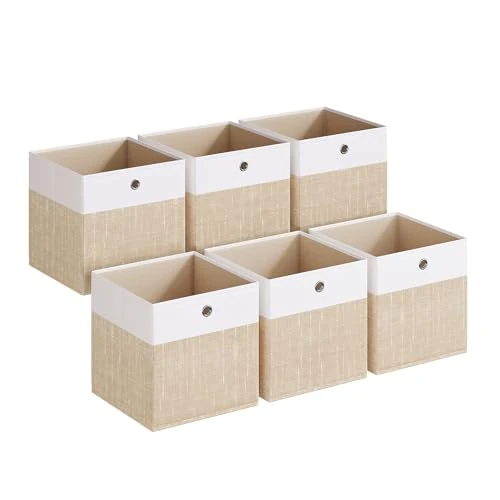 Offerta a tempo: SONGMICS Scatole Portaoggetti, Set di 6, Contenitori in Tessuto, Pannelli in PP, Inodori, Pieghevoli, per Scaffale a Cubo, 33 x 33 x 33 cm, Bianco Nuvola e Beige Sabbia RFB433LF02 - 43% da 35.99 € a 20.39 €