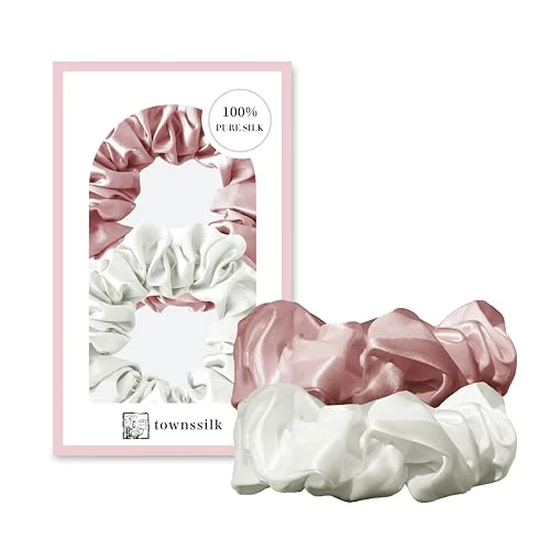Offerta a tempo: townssilk Seta Scrunchie - Set da 2 pezzi, 100% seta di gelso 6 A/22 Momme, con struttura delicata, certificato Oeko-Tex, delicato sui capelli e voluminoso, elastico senza impronte. Rosa e bianco - 35% da 12.99 € a 8.44 €