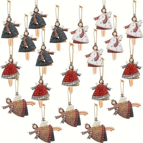 YUVKIN 20 Pieces Wooden Angel Christmas Decorations for Christmas Tree, 4 Designs Christmas Hanging Decorations with Rope Roll for Christmas and Party