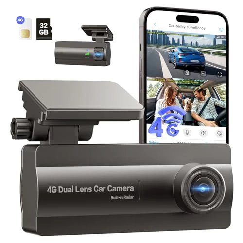 NUASI 4G LTE Dash Cam z przodu wewnątrz, podwójny widok FHD na żywo i natychmiastowa mobilna kamera samochodowa z trybem parkowania 24/7, widoczność w nocy na podczerwień, bez ekranu, kamera na deskę