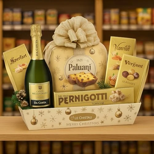 Cesto Natalizio Vassoio Merry Christmas con Dolci Tipici, Cioccolato, Torrone e Spumante Dolce, Confezione Regalo Elegante e Raffinata per Natale, Idea Regalo Gourmet per Famiglie o Aziende