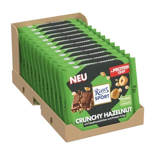 RITTER SPORT Knapperige hazelnootmelkchocoladereep met hazelnoten en knapperige eiwitten, 12 x 75 g