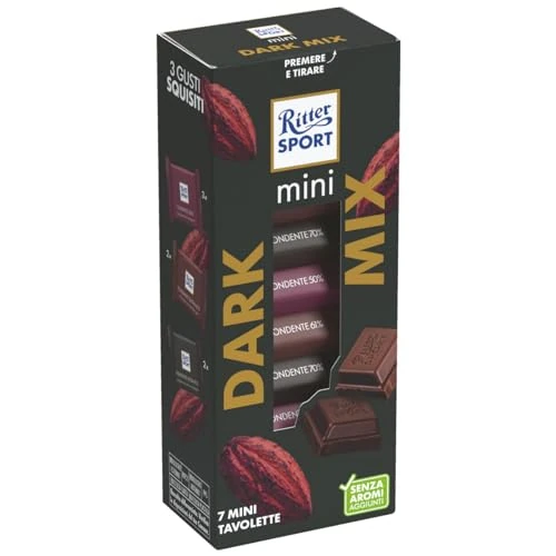 Offerta a tempo: RITTER SPORT Mini Tower Dark Mix, 7 Mini Tavolette Cioccolato Fondente 3 Gusti - Fondente 50%, Fondente Extra 61%, Fondente Extra 70%, Astuccio 116g - 32% da 5.29 € a 3.59 €