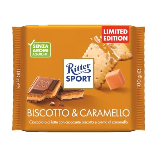 Offerta a tempo: RITTER SPORT Biscotto e Caramello, Tavoletta di Cioccolato al Latte con Croccante Biscotto e Crema al Caramello, Cacao 100% Certificato Sostenibile, 100 g - 37% da 2.35 € a 1.49 €
