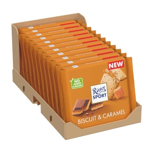 Offerta a tempo: RITTER SPORT Biscotto e Caramello, Tavoletta di Cioccolato al Latte con Croccante Biscotto e Crema al Caramello, Cacao 100% Certificato Sostenibile, 11 Pezzi da 100 g - 21% da 24.56 € a 19.40 €