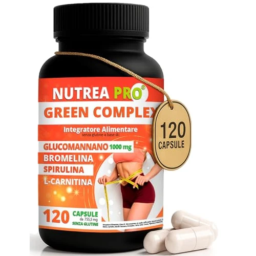 NUTREAPRO® Green Complex | Formula Completa con Glucomannano 1000mg,Tè Verde,Caffè Verde,Spirulina,Sinefrina e Bromelina forte | Con Vitamine B per il Metabolismo Energetico | 120 Cps Made in Italy