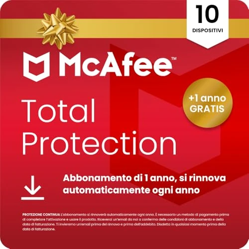 Offerta a tempo: McAfee Total Protection 10 dispositivi 2026 | Esclusiva Amazon | Antivirus, VPN | Abbonamento di 1 anno con rinnovo automatico + 1 anno di protezione extra GRATUITO | Download digitale - 75% da 120.00 € a 29.99 €