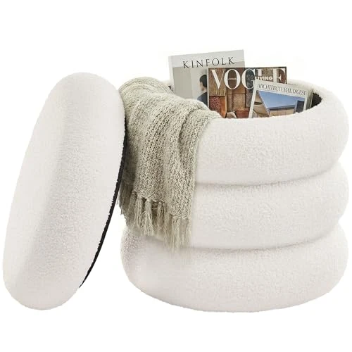 Oferta limitada: SONGMICS Taburete de Tocador, Puff Redondo con Almacenamiento, Reposapiés Acolchado, Tapa Extraíble, Salón Dormitorio Recibidor, Fácil de Montar, 43 x 47 cm, Peluche, Blanco LOM015WD01 de 49.99 € a 42.49 € (ahorro 15%)